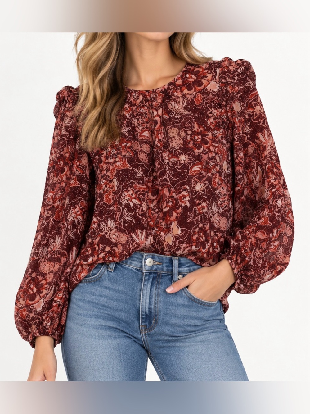 Ulla Johnson Burgundy & Peach Floral Puff-Sleeve Blouse - Size 8